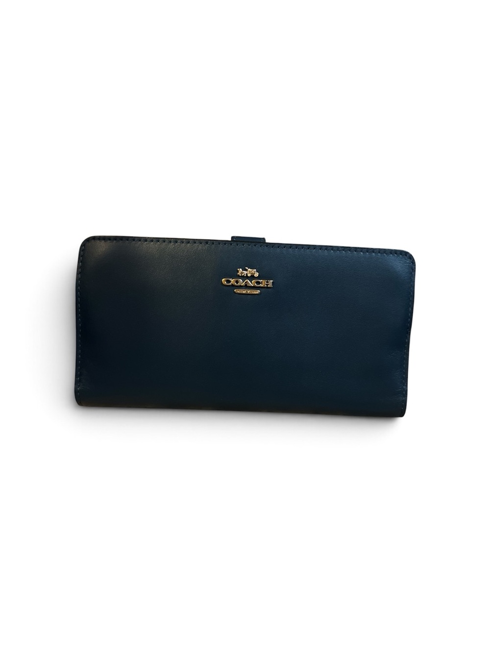 COACH Navy Leather Long Zip Wallet with Gold Logo